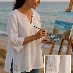 C Est 1948 Blouse Top Womens Size 22/24W White Linen Lace Trim Sleeve Side Slits